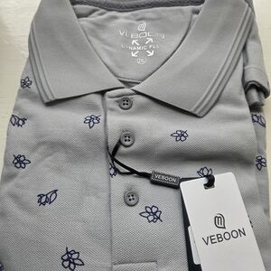 Men's Light Gray Polo Shirt with Navy Floral Print